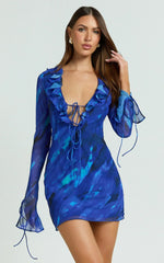 Alesya Mini Dress Ruffle Plunge Neck Long Sleeve Tie Detail Dress in Blue Abstract