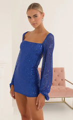 Sequin Open Back Long Sleeve Dress in Blue