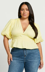 Mellie Top - Puff Sleeve Peplum Top in Yellow