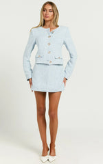 Olympia Jacket - Boucle Scoop Neck Button Down Long Sleeve Jacket in Pale Blue