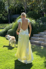 Elegant A Line Deep V Neck Yellow Long Party Dress with Open Back