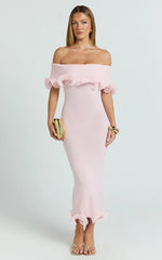 Winnie Maxi Dress - Off Shoulder Frilled Hem Knitted Dress in Baby Pink