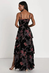 I Love You Amore Black Floral Velvet Tiered Maxi Dress